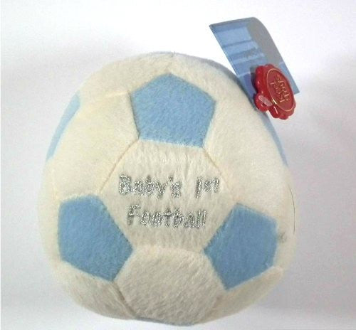 Cute off white and Pale Blue Soft Football with Silver 'Baby's 1st Football' Lettering