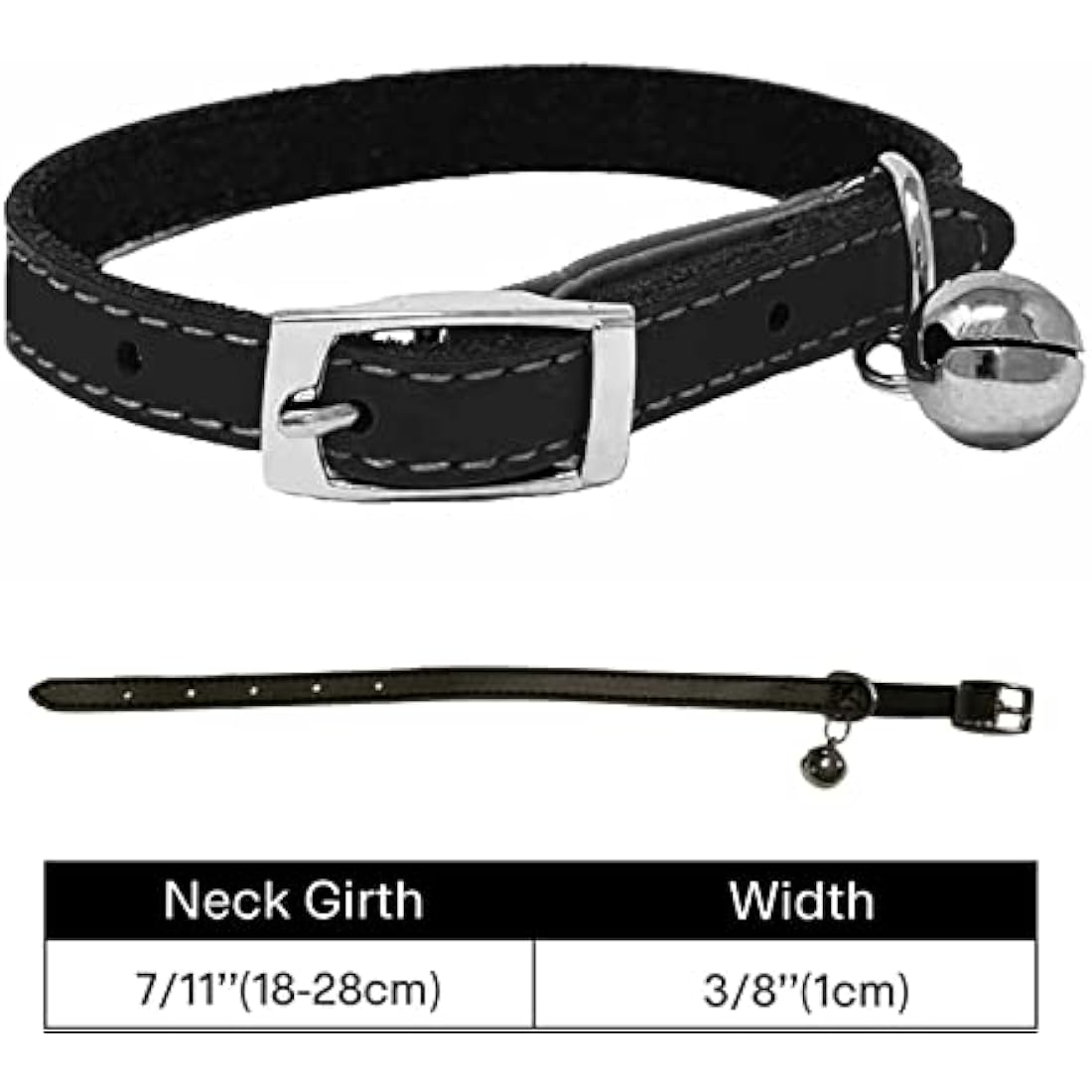 Genuine Leather Cat Collar with Safety Elastic & Bell with Optional Personalised Engraved Tag (Black, No Tag - Only Collar)