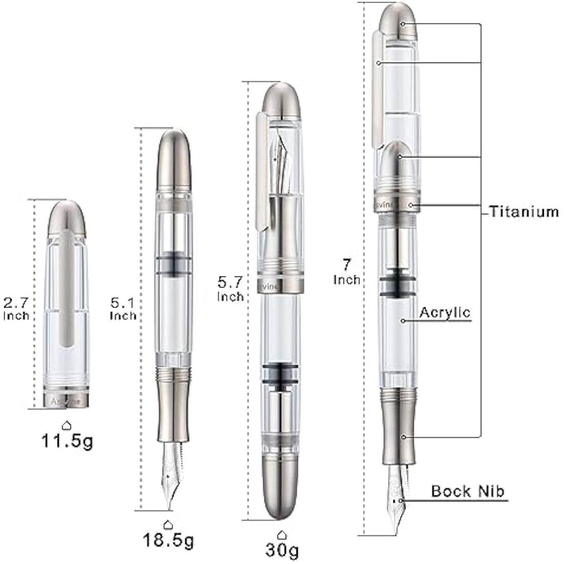 Asvine P36 Titanium Fountain Pen Piston Filling, Bock Fine Nib Clear Transparent Acrylic Smooth Writing Pen Case Set, Torpedo shape
