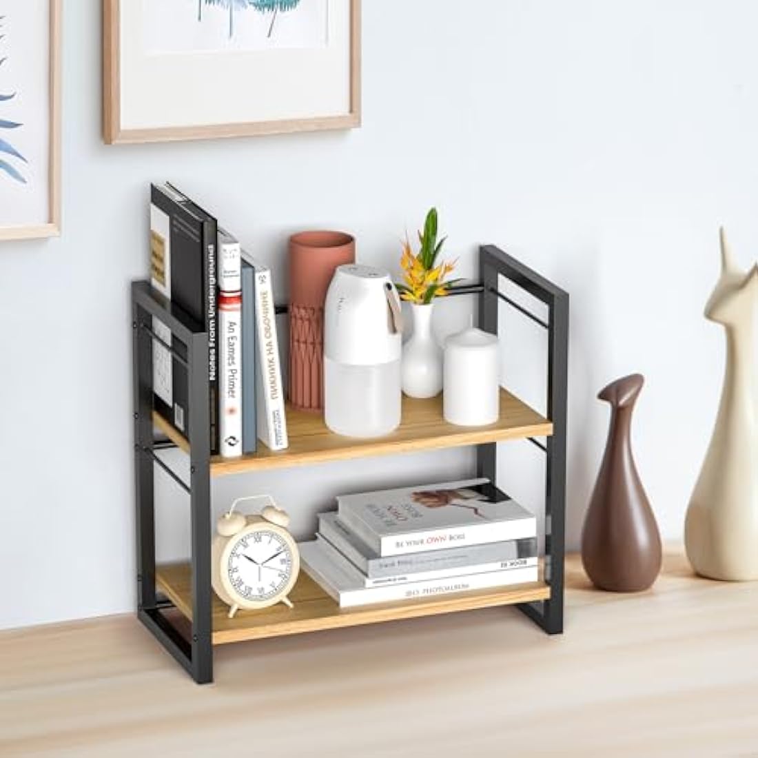 THYGIFTREE Office Desk Shelf Organizer, Wood Desktop Bookshelf Supplies Storage Rack, Shelf for Top of Desk and Dresser (Black)