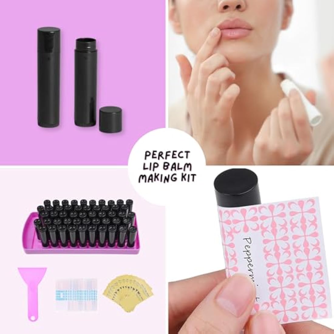 Kare & Kind Lip Balm Filling Tray Kit - 1x Filling Tray, 1x Spatula, 50x Lip Balm Tubes (Black), 50x Writable Sticker (3 colors), 50x Printed Stickers (Transparent) - DIY Homemade Lip Balm - Gift Idea