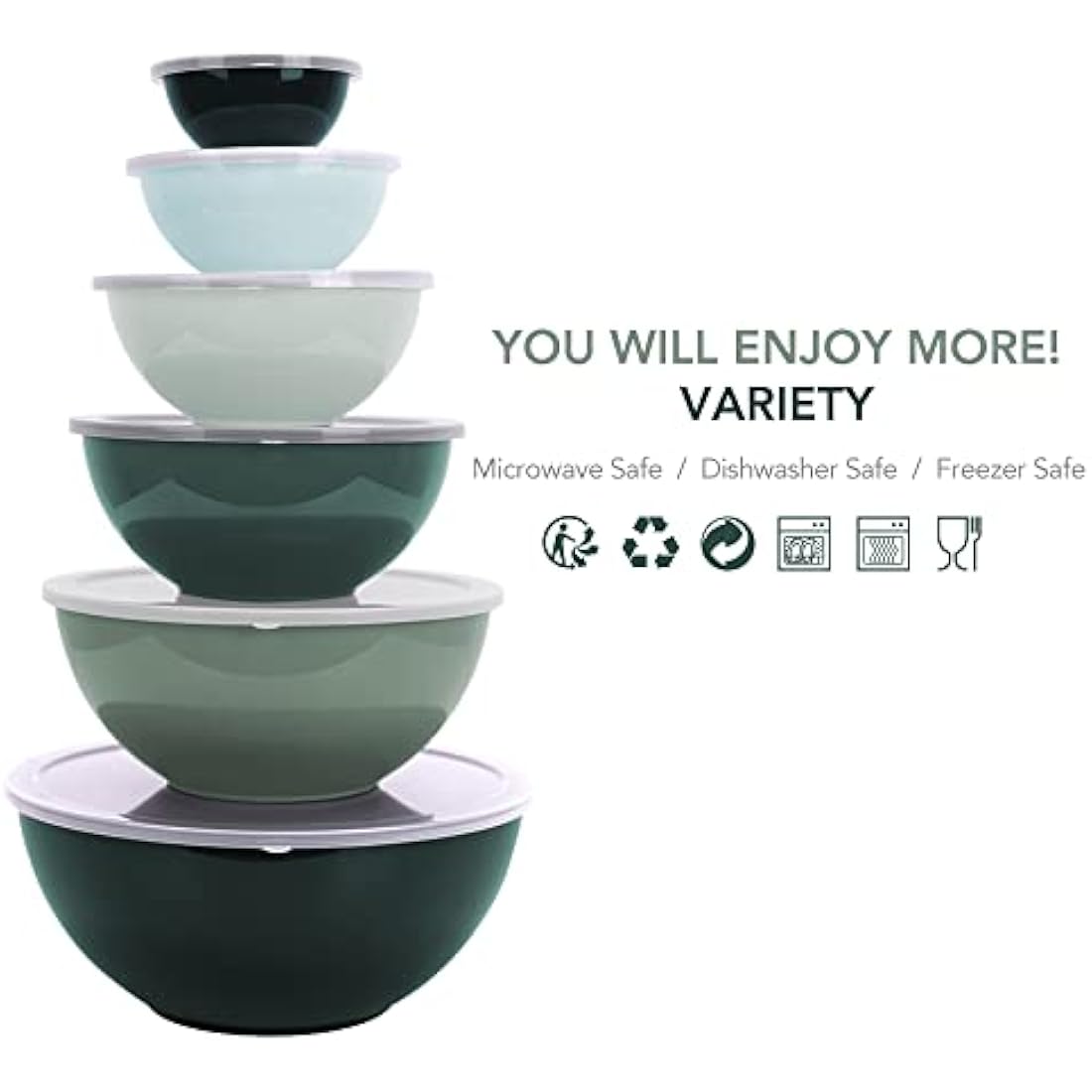 BoxedHome Mixing Bowl Set with Lid, Mixing Bowls, 12-Pack Mixing Bowl Set, Plastic Salad Bowl Non-Slip Stackable Serving Bowls for Kitchen (6 Bowls and 6 Lids, Green)