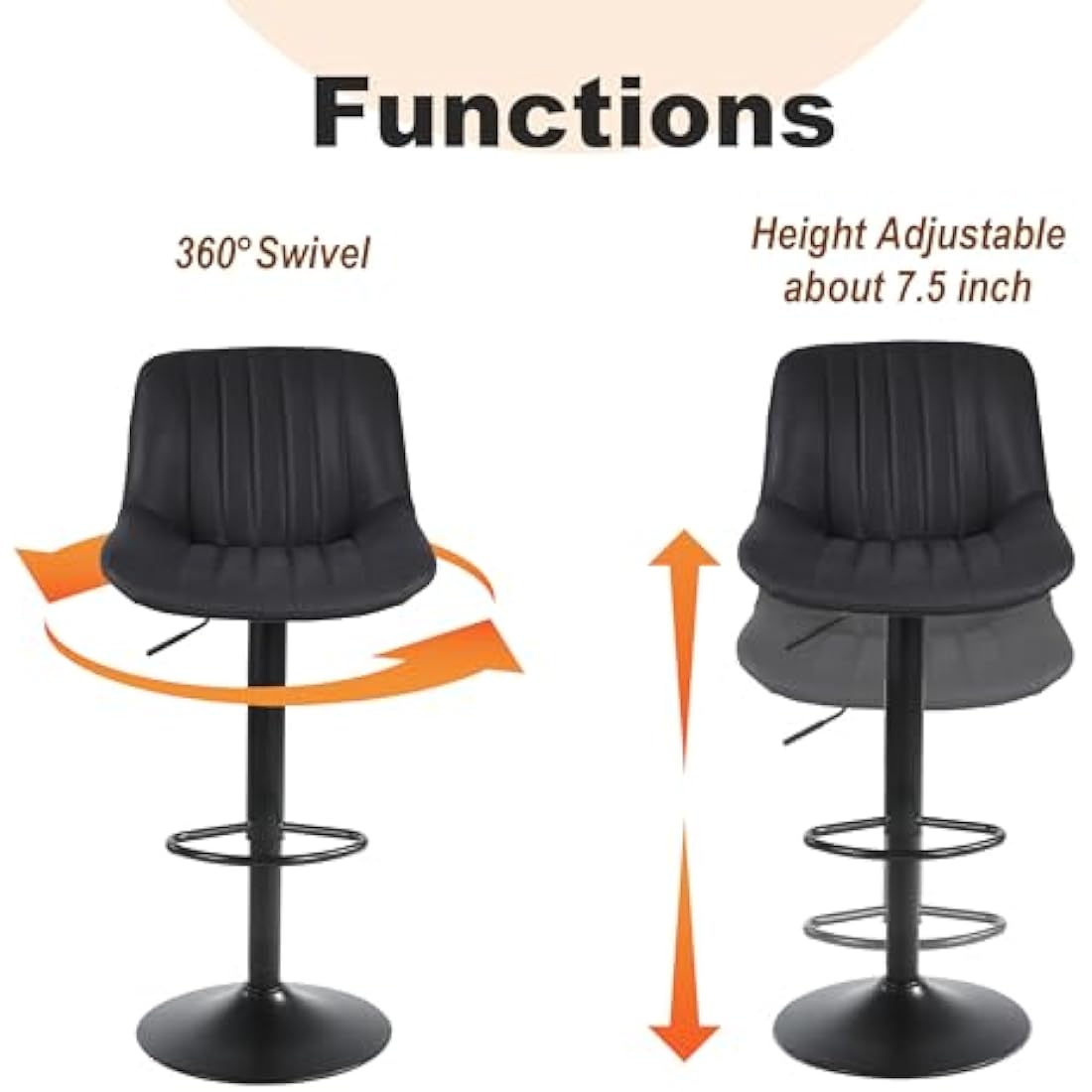 Youhauchair Bar Stools Set of 2, Swivel Counter Height Barstools with Back, Adjustable PU Leather Bar Chairs, Modern Armless Kitchen Island Stool, Black