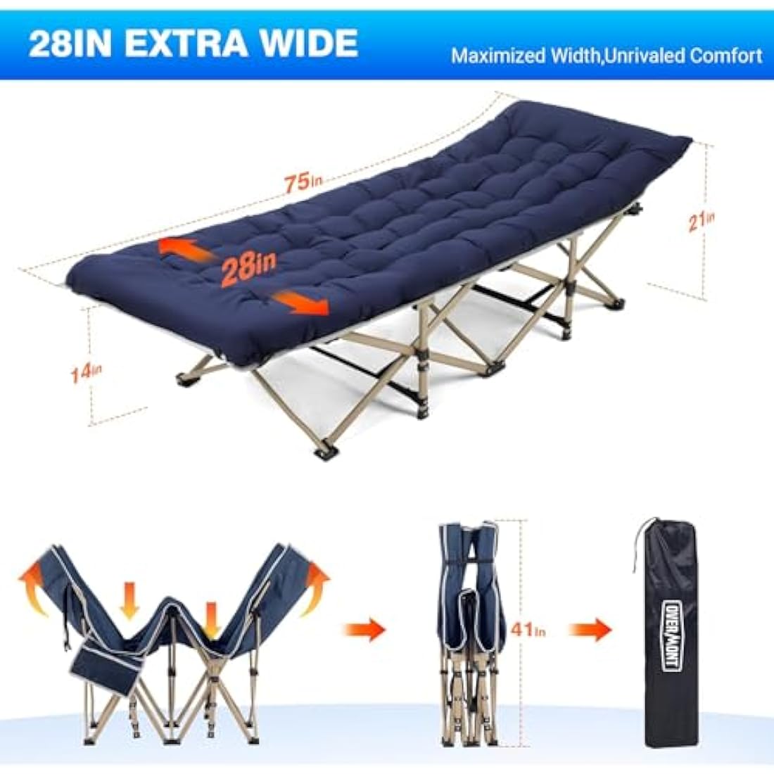 OVERMONT Oversized Folding Camping Bed for Adults,75 * 28" Extra Wide,2400D Oxford fabric,550lbs Load Capacity,Heavy Duty Sleeping Beds with Carry Bag, Portable Travel Camp Beds
