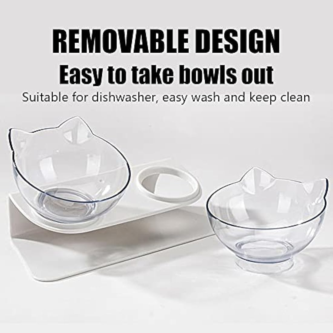 Raised Cat Bowl with Stand, 15° Tilted Cat Bowls for Kittens Elevated Cat Bowl Anti Vomiting Double Cat Bowls Plastic Transparent Cat Feeding Bowl