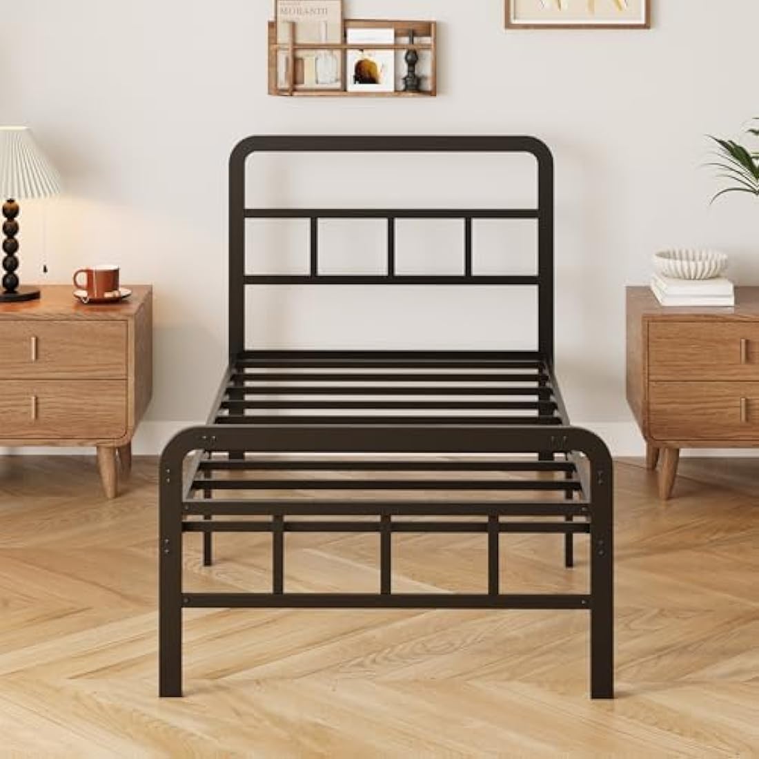 Yicensen Single Bed Frame with Curved Headboard and Footboard 90x190 cm, Black Single Platform Bed with Heavy Metal Slats for Stable Support, No Box Spring Needed, Noise Free, Easy Assembly
