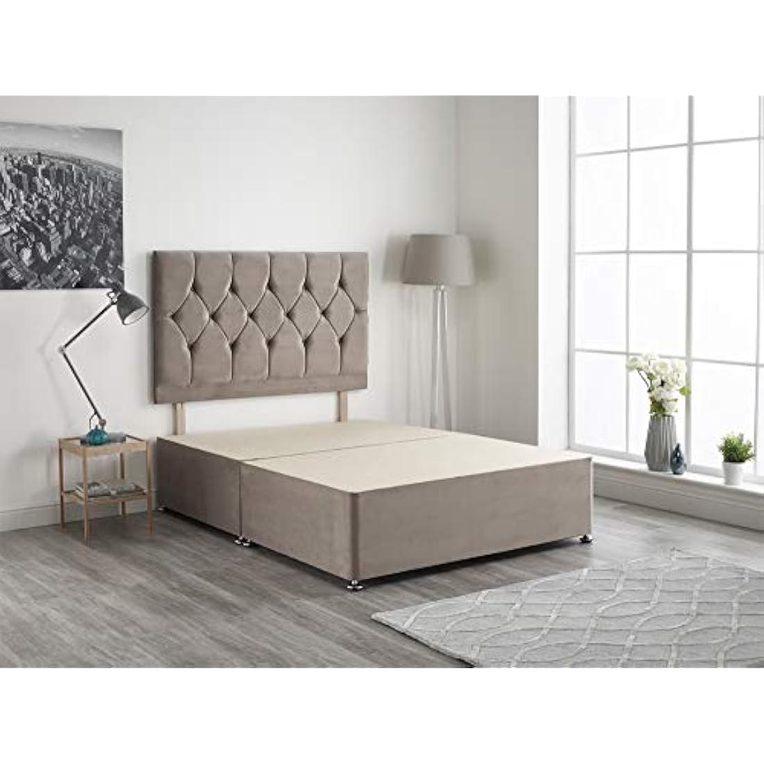 Bed Centre Light Grey Plush Velvet Fabric Divan Base Plus Matching Headboard3ft 4ft 4ft6 5ft 6ft (3FT (Single))