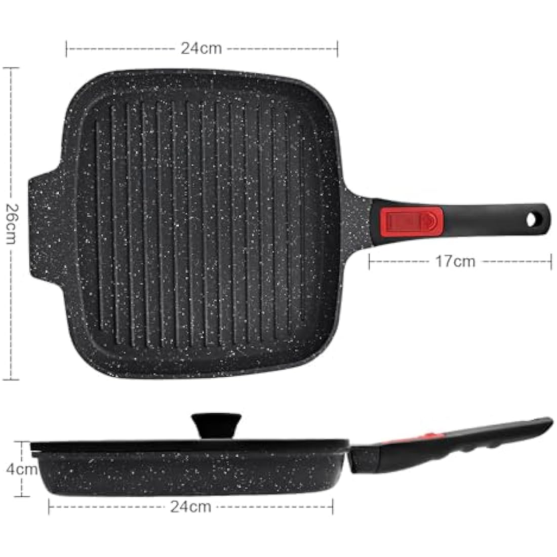 RANX INGST Griddle Pan with Lid, 26 x 24 cm Cast Aluminium Non Stick Steak Pan with Detachable Handle for Induction Hob, Black