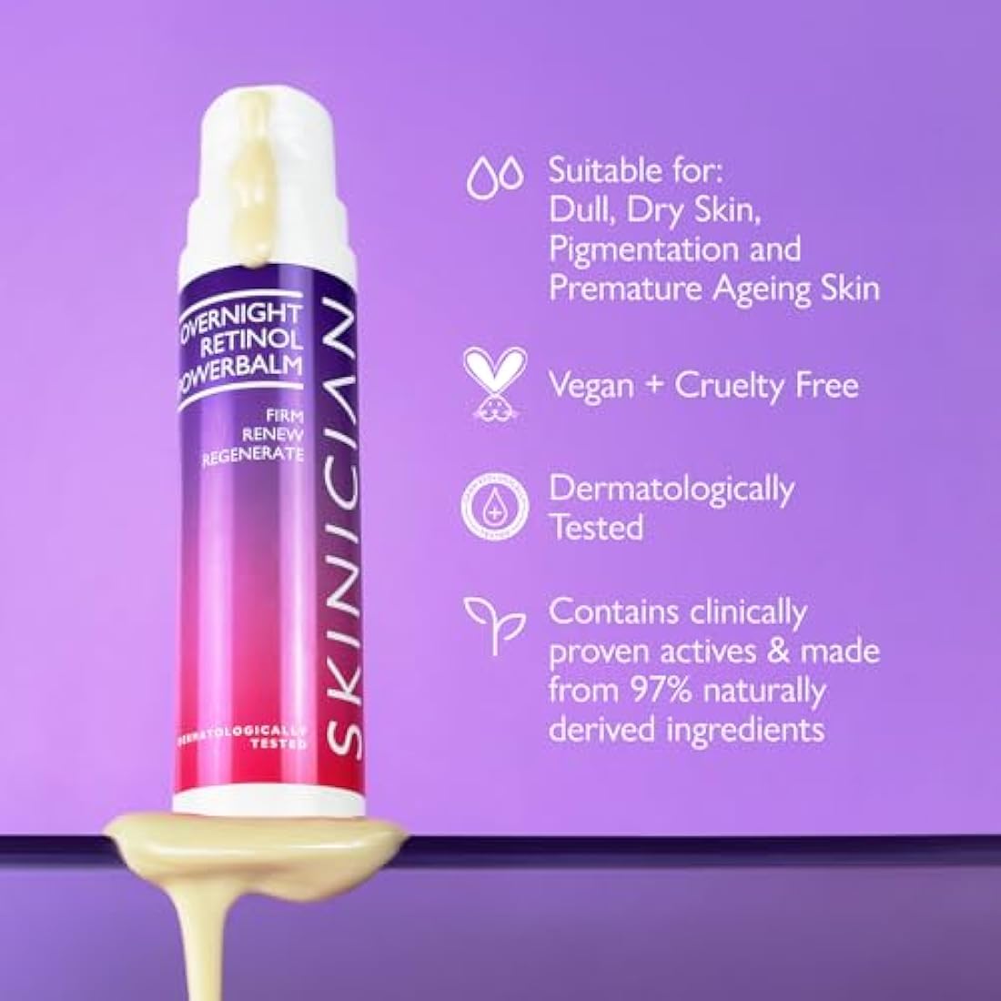 SKINICIAN Ageless Overnight Retinol Powerbalm - Anti-Ageing Retinoid Face Serum - Peptide Moisturiser to Reduce Fine Lines & Skin Pigmentation - Evening Skincare - Vegan & Cruelty Free (50ml)