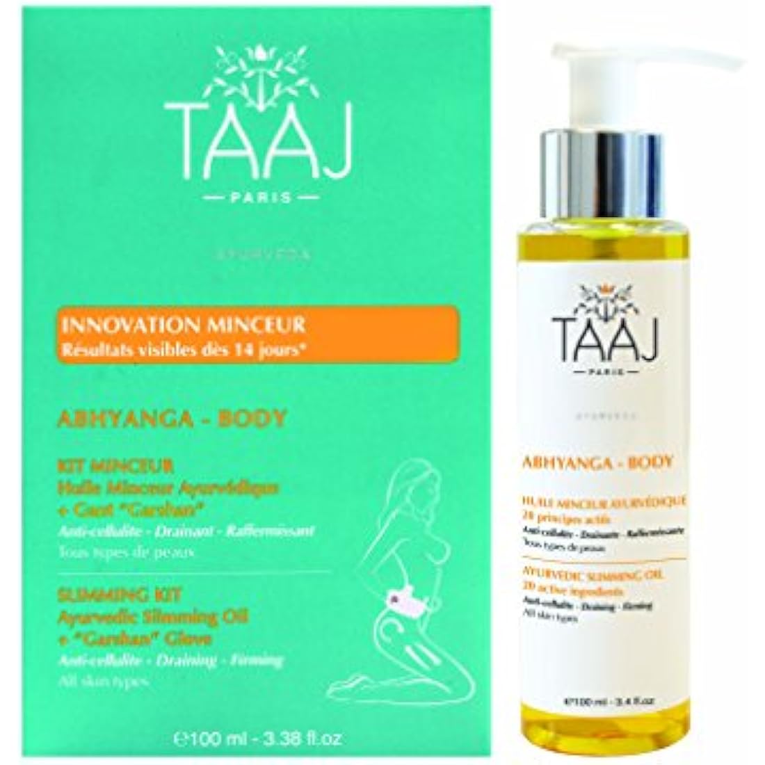 TAAJ | SLIMMING KIT Ayurvedic Slimming Oil + Garshan Glove | Drains & Firms the Skin | Reduces the Visible Appearance of Cellulite | 97% ingredients of natural origin | Vegan & Cruelty Free |100ml