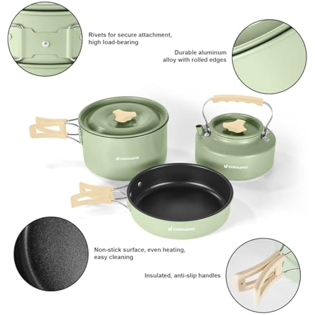 Odoland Camping Cookware Set Non-Stick Pot and Pan Set with Kettle, Stainless Steel Utensils Mess Kit, Cups Plates Knives Spoons Forks for Outdoor Cooking