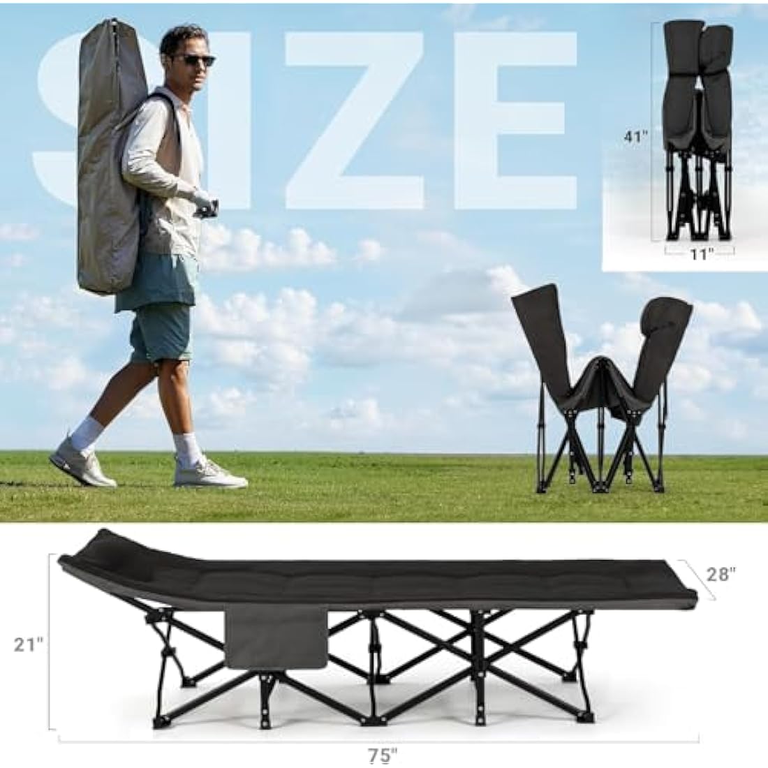 OVERMONT 28" Extra Wide Padded Folding Camping Beds for Adults - Comfortable Portable with Cushion and Pillow - Folding Cot with Carry Bag Supports 550 lbs for Outdoor Travel Home Office Nap
