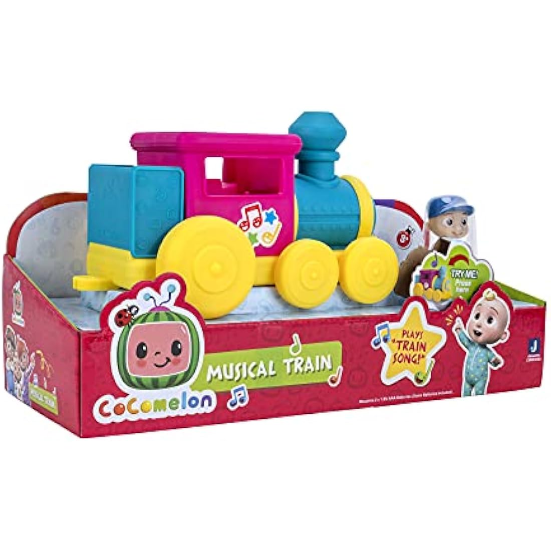 CoComelon Feature Vehicle, Train - Train Vehicle With Sounds - Exclusive Conductor JJ Figure - Fits 4 Figures - Free Wheeled - Play Songs - Toys for Kids, Toddlers, and Preschoolers