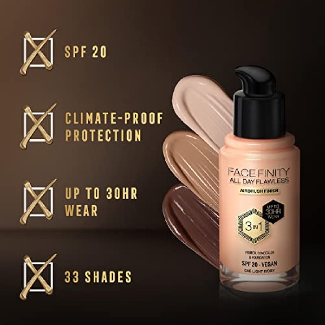 Max Factor Facefinity 3-in-1 All Day Flawless Liquid Foundation, SPF 20 - 40 Light Ivory, 30 ml