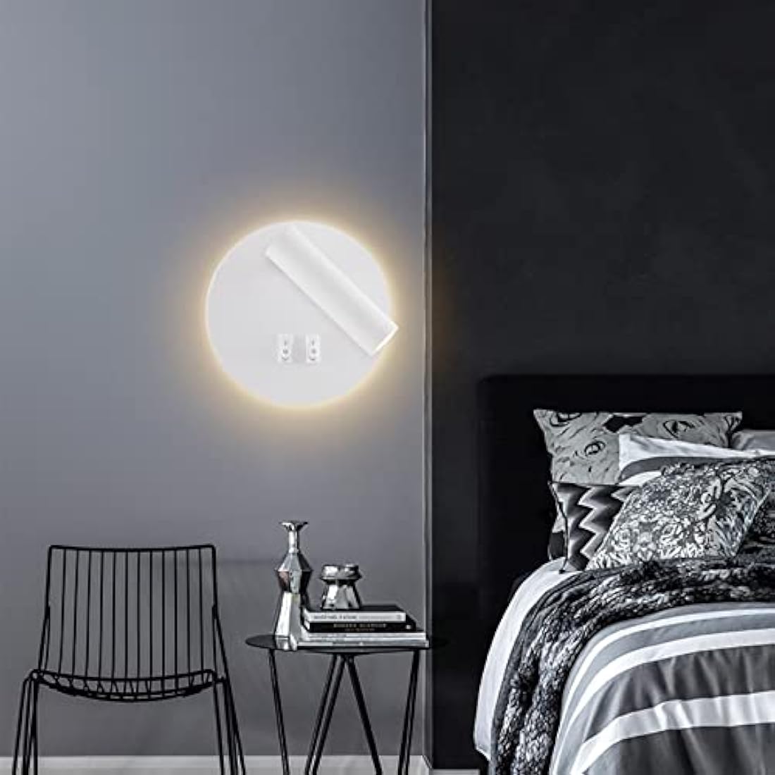uksunvi LED Wall Mounted Lamp,Bedside Reading Wall Light,12W LED Wall Lamp, Adjustable Spotlight (3W +9W 3000K Warm Light) (2PCS White Circular)