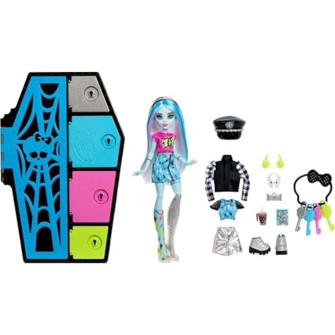 Monster High Doll and Fashion Set, Frankie Stein with Dress-Up Locker and 19+ Surprises, Skulltimate Secrets, HKY62