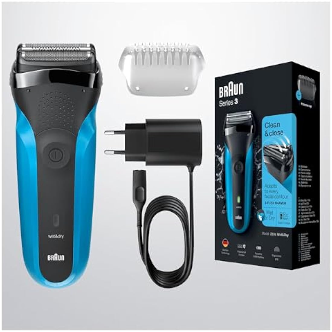 Braun Series 3 Electric Shaver For Men with Precision Beard Trimmer and 5 Combs, Wet & Dry, UK 2 Pin Plug, 310, Black/Blue Razor