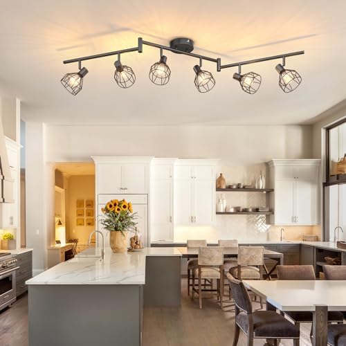 Dehobo Spot Light Fittings for Ceilings Adjustable Metal Wire Cage Kitchen Spotlight with E14 Base Black 6 Way Ceiling Light Industrial for Bedroom Bar Hallway Living Room No Bulb