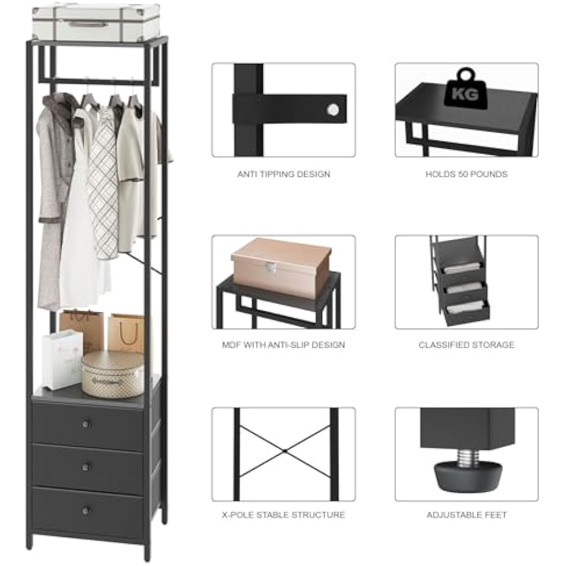 YMYNY Coat Rack with Non-woven Drawer, Freestanding Tall Closet Organizer, Tall Clothes Standing Dresser for Bedroom, Living Room, Entryway, 39×29×179CM Black HGR001B