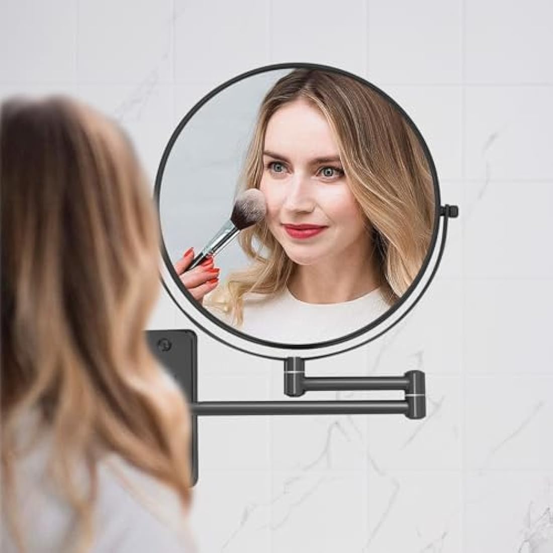 AumVum 8 inch Makeup Mirror Wall Mounted, 1X/10X Double-Sided Wall Mount Magnifying Bathroom Shaving Mirror with Extendable Arm, 360° Swivel for Bathroom Vanity and Makeup, Matte Black(No Light)