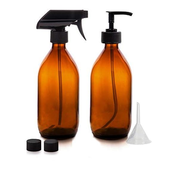 Nutra4Radiance Amber Glass Spray and Soap/Lotion Dispenser Bottle Set ? Set of 2 Amber Glass Bottles with Pump and Spray ? 500ml BPA-Free and Reusable