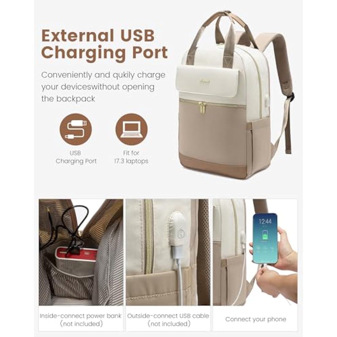 LOVEVOOK Backpack Womens, 17.3 Inch Large Laptop Rucksack Bag for Ladies, Lightweight Computer Backpack Work Bag with USB Port, Casual Daypacks Back Pack for School Uni Travel, Beige Khaki