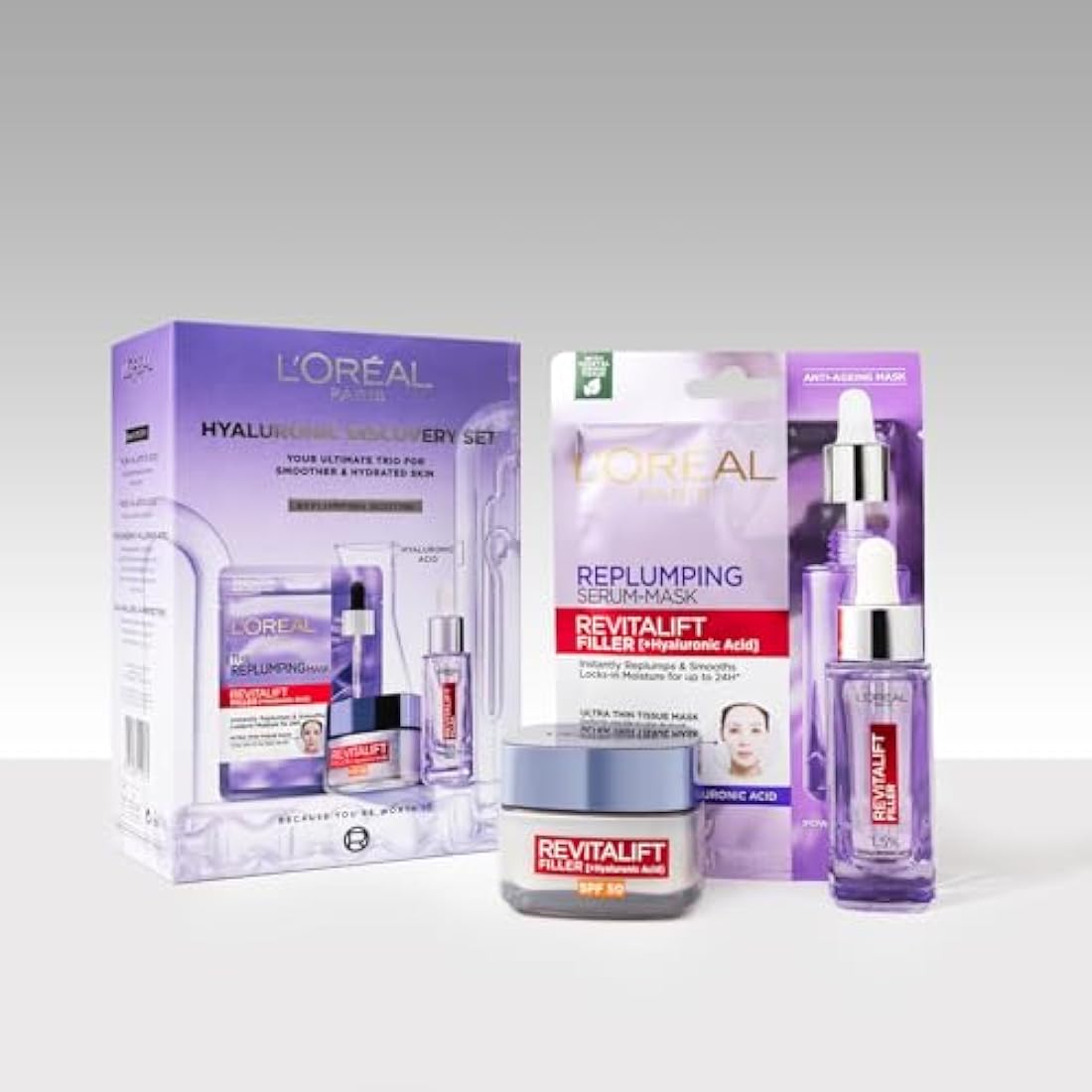 L'Oréal Paris Hyaluronic Discovery Set Gift Set - Revitalift Filler 1.5% Hyaluronic Acid Serum, Day cream and Replumping Tissue Mask