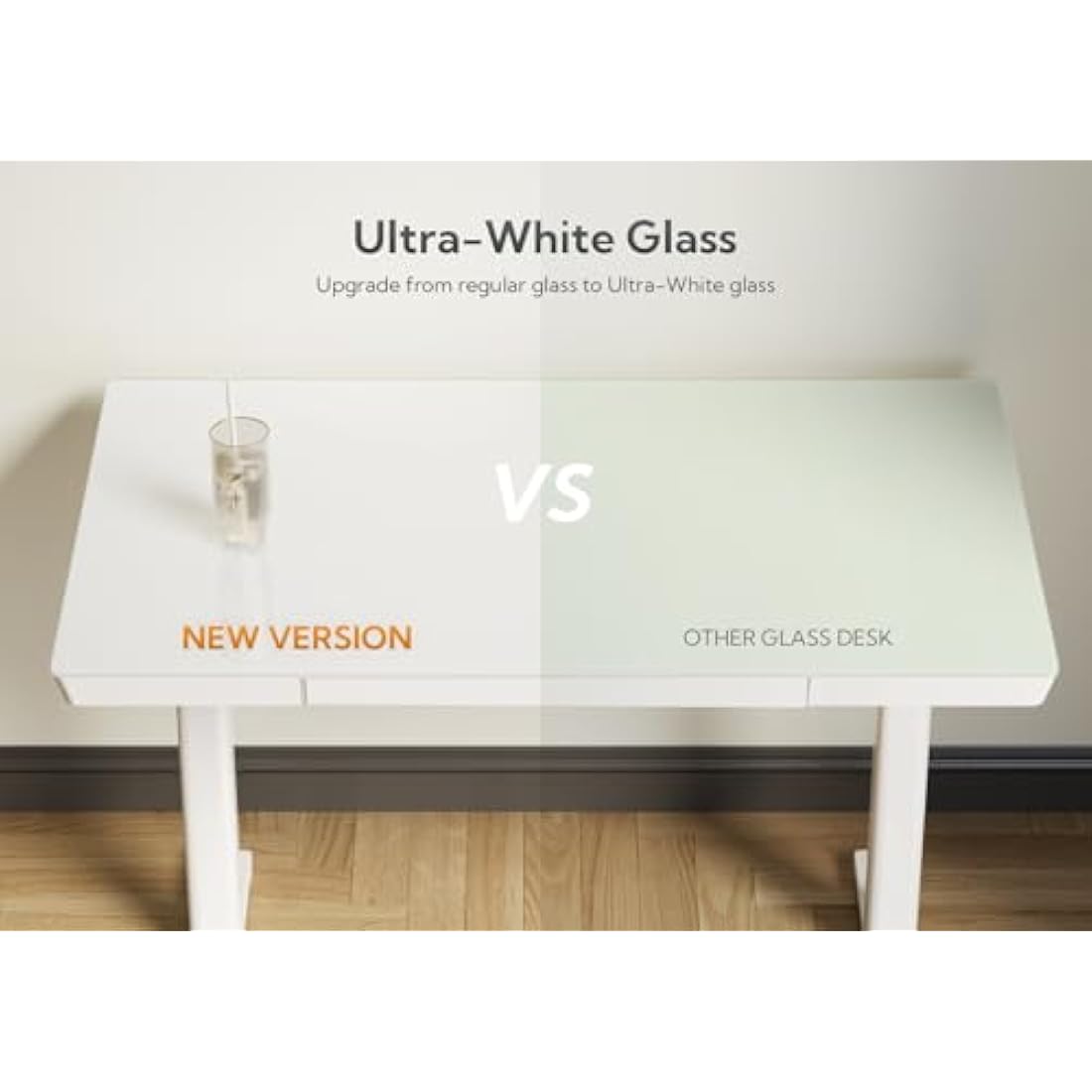 Claiks Glass Standing Desk with Drawers, 120×60 cm Adjustable Stand Up Desk, Quick Install Home Office Computer Desk with USB Ports, White