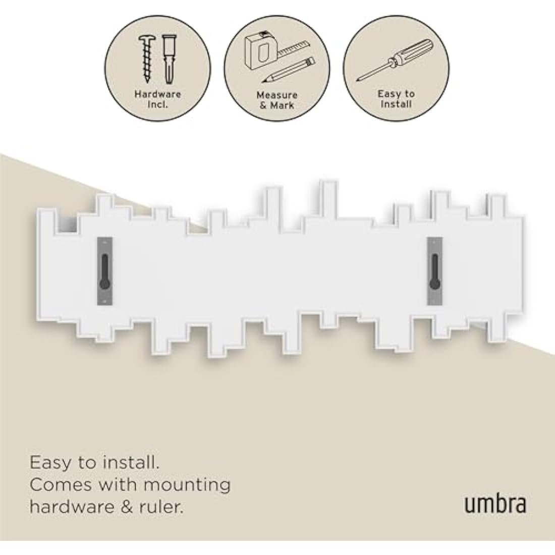 Umbra Sticks Multi Hook Coat Rack - Modern, Unique, Space-Saving Wall Mounted Coat Hanger with 5 Flip-Down Hooks for Hanging Coats, Scarves, Purses and More, White,19-1/8" x 7-1/8" x 1-1/8" h