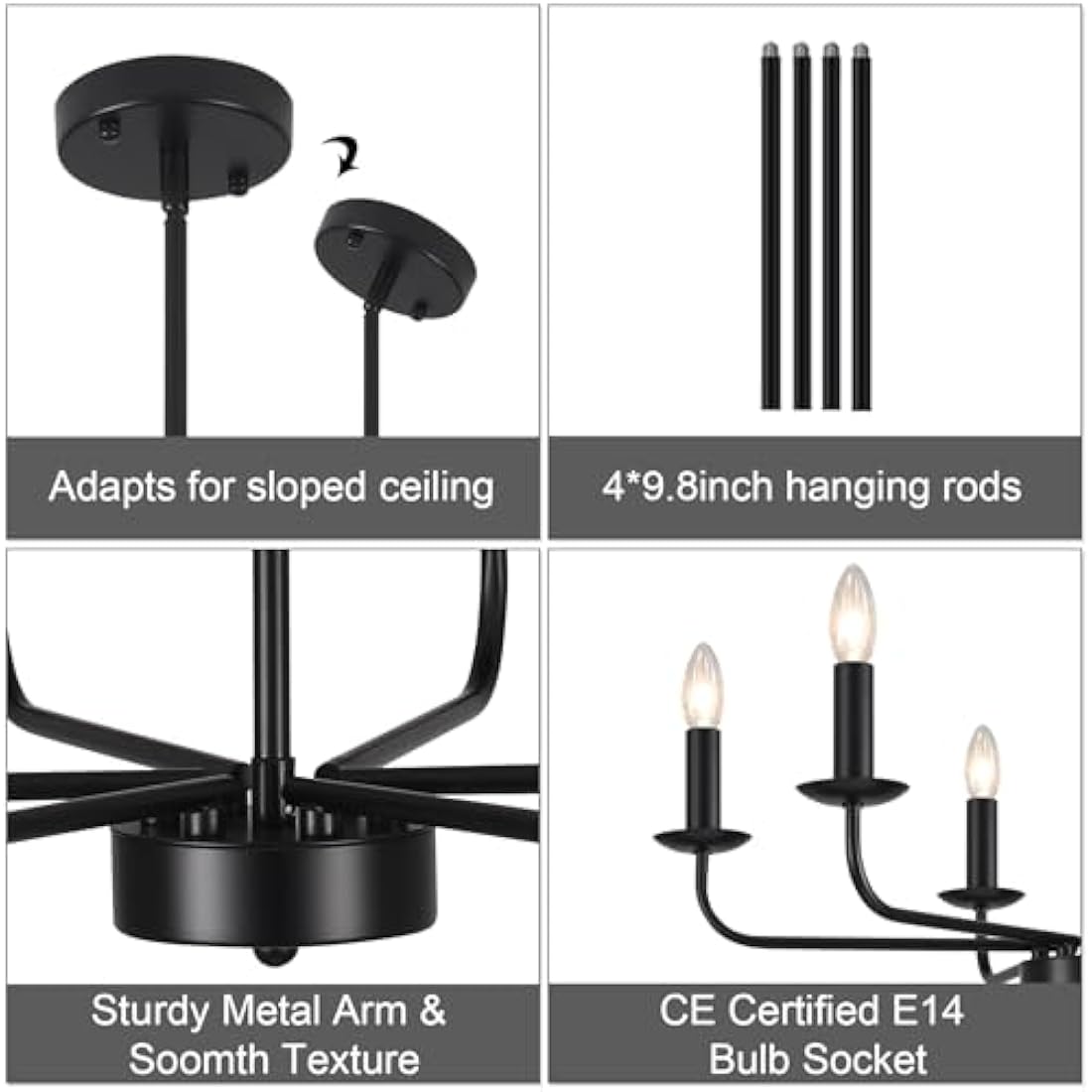 QAREHL Chandeliers Ceiling Light, 6 Arms Black Chandelier Light Pendant Light Fitting Ceilings Living Room, Rustic Bedroom Lighting Fittings, Dining Room Lights Ceiling Over Table, E14 Socket