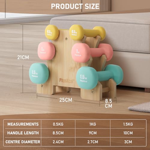 PhysKcal Dumbbells Set with Stand, Hand Weights for Beginners with Storage Rack, 2 x 0.5kg, 2 x 1kg, 2 x 1.5kg, Strength Training Fitness Home Workout