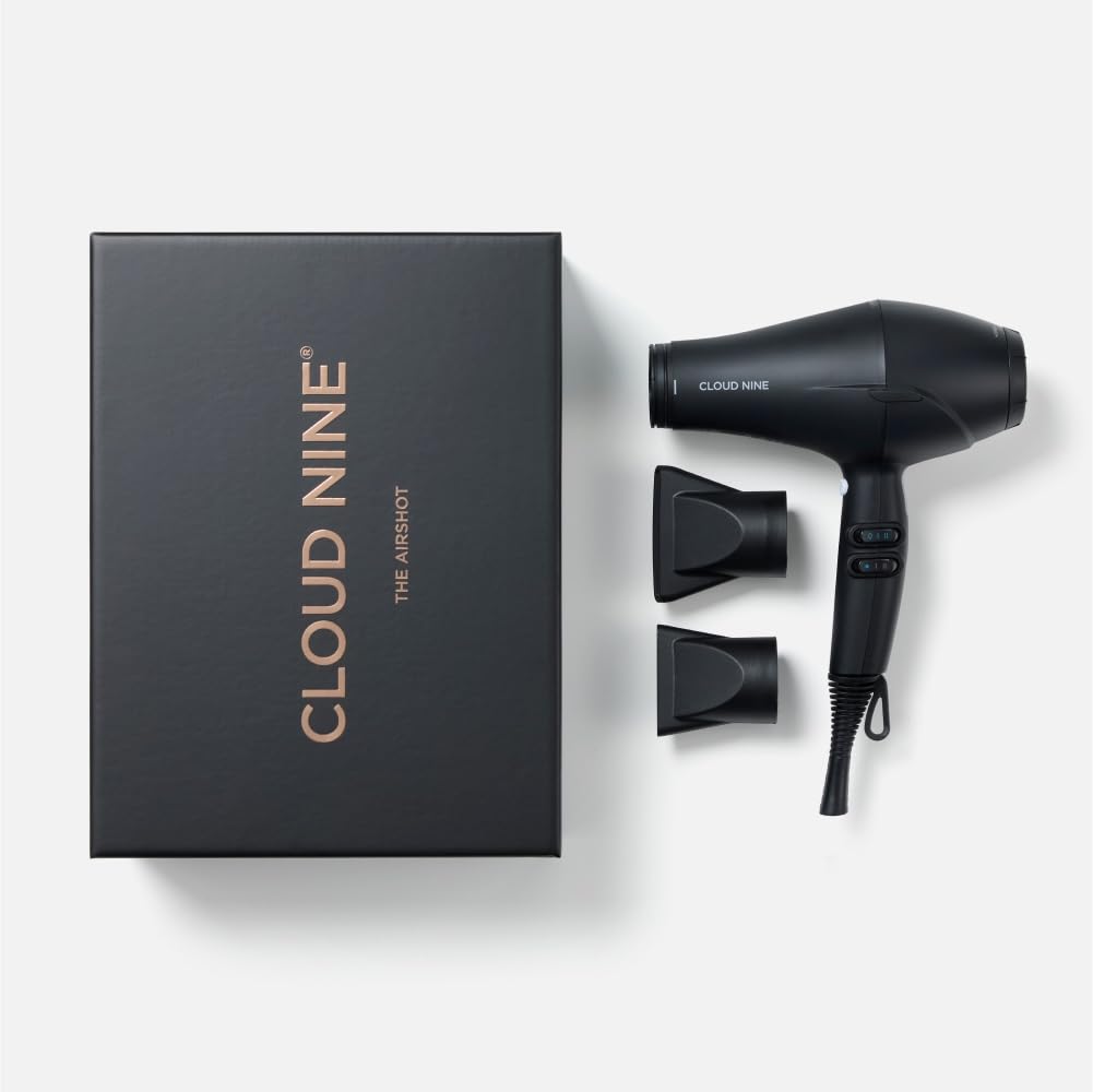 CLOUD NINE The Airshot Hair Dryer | Fast Compact 2000w All Hair Types | Variable Temperature Control Low Mid High | Two Nozzles Included | Anti Static