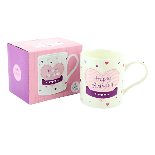 "Happy Birthday" Fine China Mug with Pink Love Heart Artwork and Matching Presentation Box