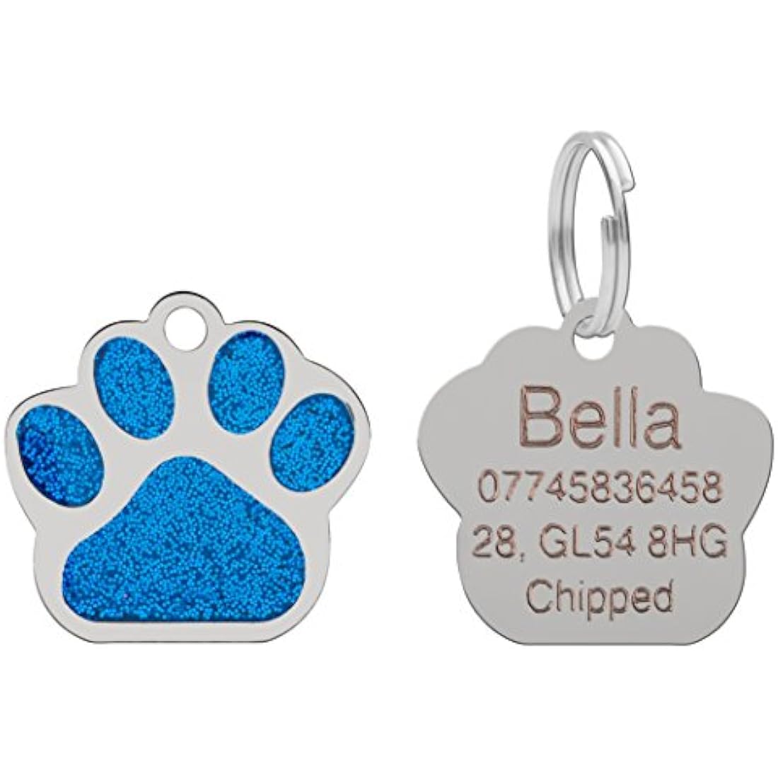 Dog Cat Pet Tag ID Collar Tags Personalised Engraved 27mm Glitter Paw Print (Blue)