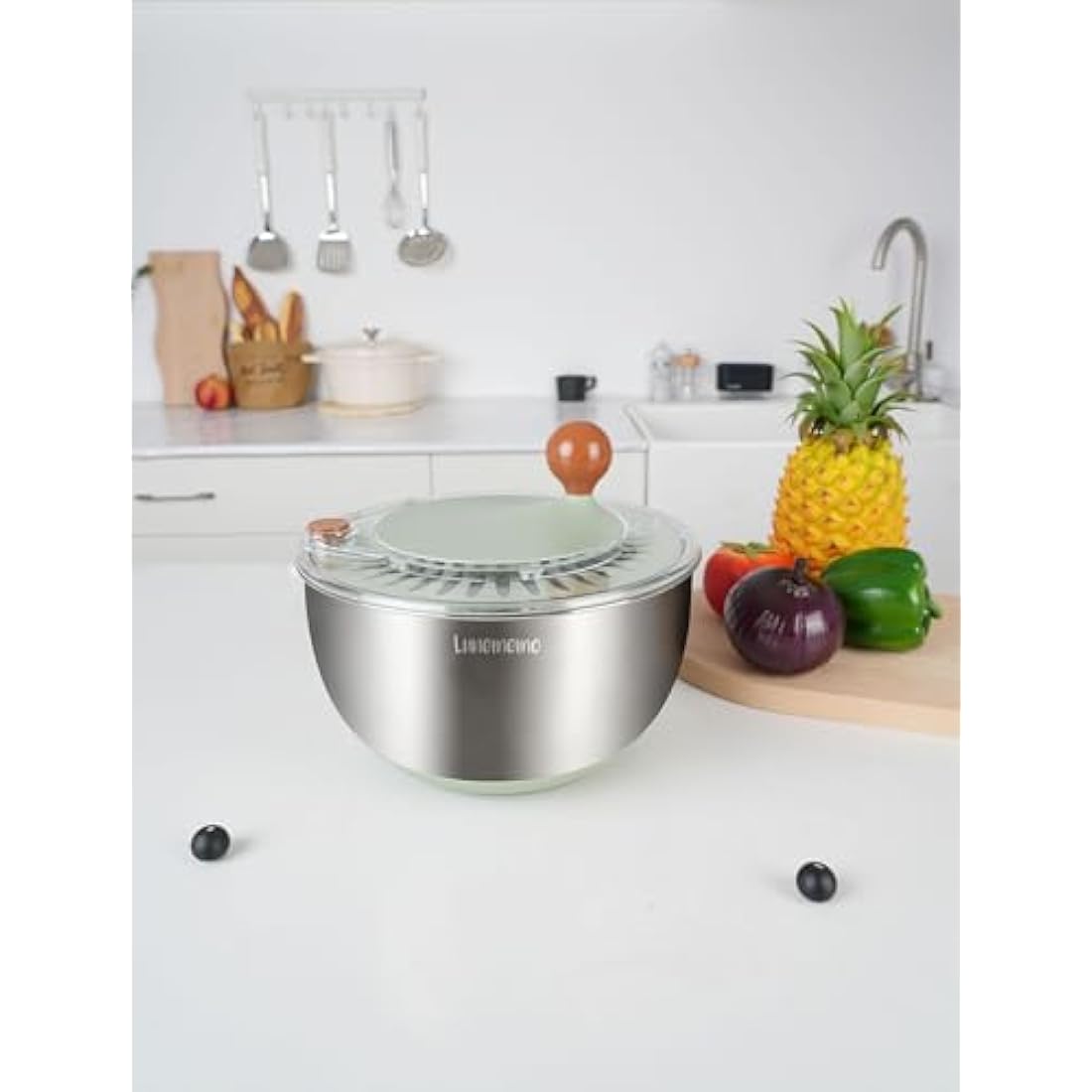 Lunememo Stainless Steel Salad Spinner, Lettuce Spinner with Drain, Non-Slip Base, Stop Button, Vegetable Dryer, BPA Free, 5L