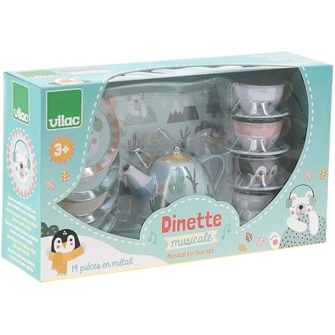 Vilac Musical Metal Tin Tea Set, Kitchen Pretend Play, Iceland Theme Illustrated By Graphic Designer Michelle Carlslund, 14 Pieces, 3 Years+