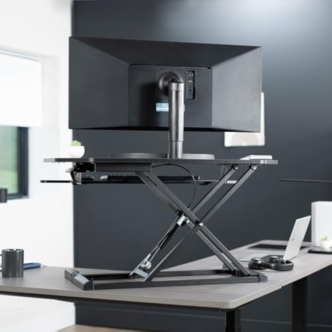VIVO Extra Wide Corner Height Adjustable 97 cm Stand up Desk Converter, Sit Stand Tabletop Dual Monitor and Laptop Riser Workstation, Black, DESK-V000KL