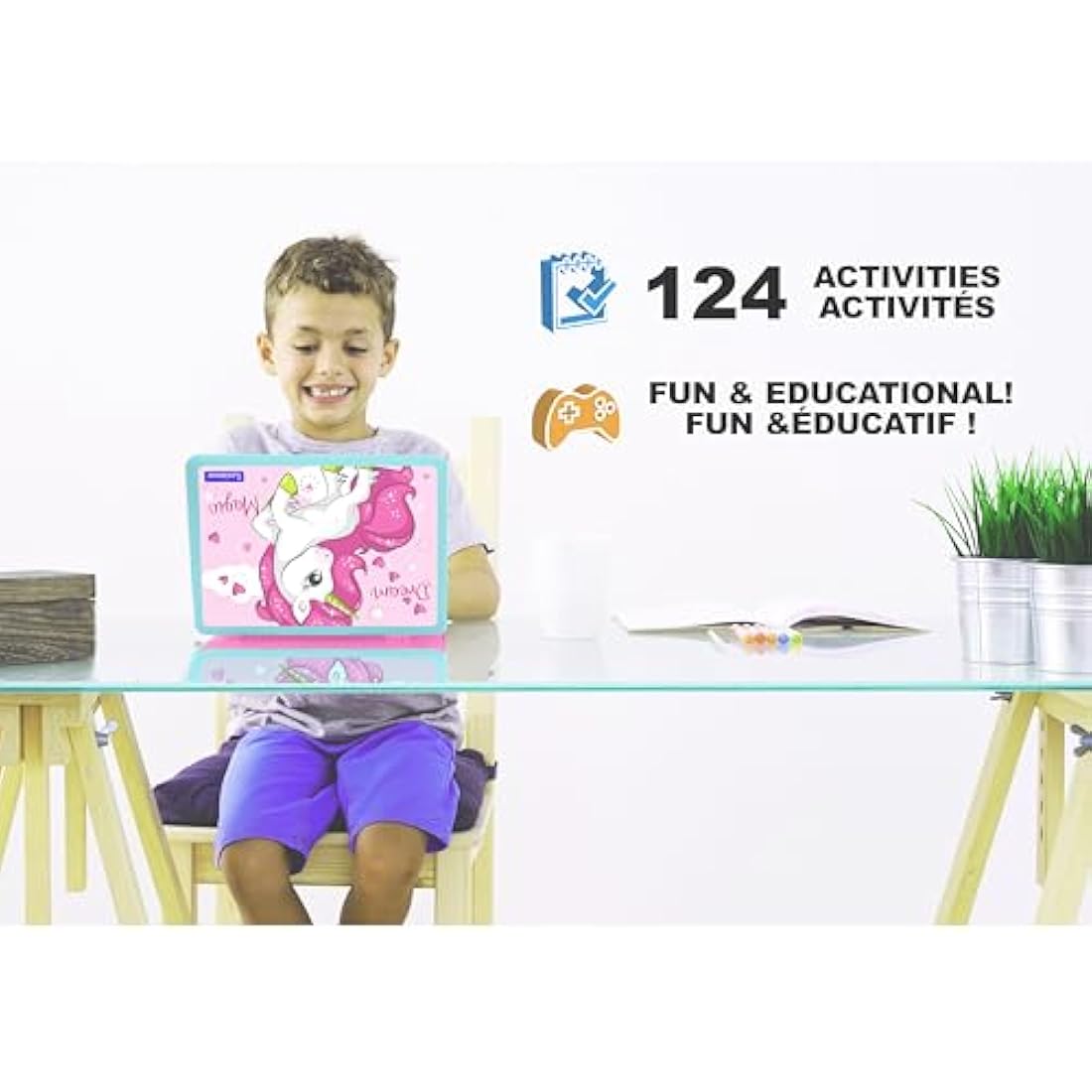 LEXIBOOK, Unicorn, Educational and Bilingual Laptop French/English, Toy for Children with 124 Activities to Learn Mathematics, Dactylography, Logic, Clock Reading, Games and Music, Pink, JC598UNIi1