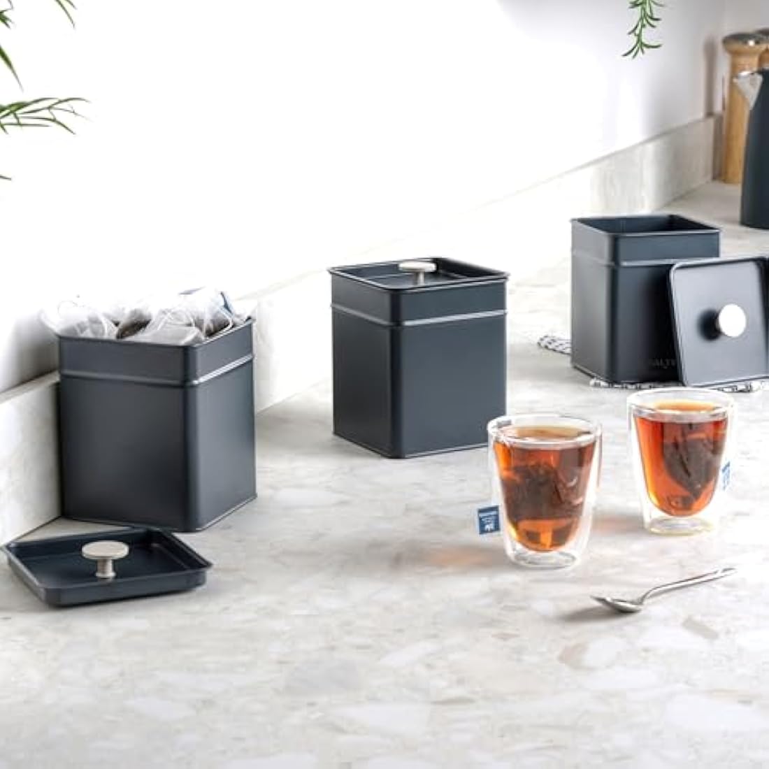 Salter Marino 3-Piece Kitchen Canister Set – Tea, Coffee, Sugar Tins, Long-Lasting Freshness, Powder-Coated Finish, Practical, Easy Clean/Store, Stylish, For Tea Bags/Granules, Not Labelled, Blue Grey