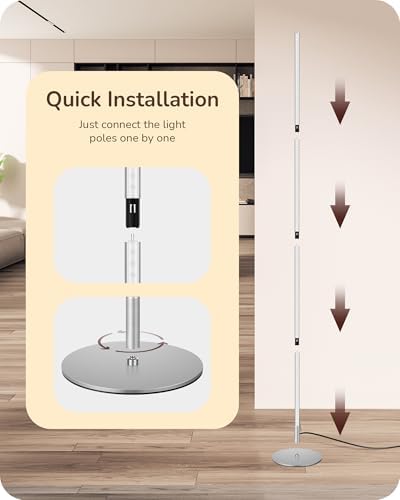 EDISHINE LED Floor Lamp, 146cm Minimalist Dimmable Standing Lamp with Foot Switch, Stepless Dimming, Tall Corner Lamp for Living Room, Bedroom, Office, 3000K, Silver