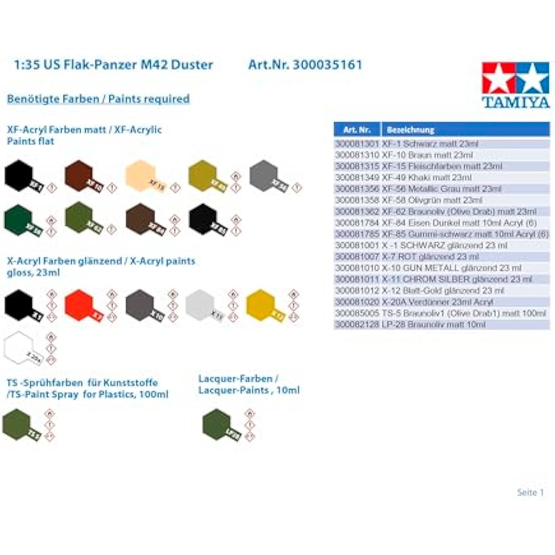 TAMIYA 300035161 Military 1:35 US Flak Tank M42 Duster, Faithful Replica, Model Building, Plastic Kit, Crafts, Hobby, Gluing, Plastic Kit, Assembly, Unpainted