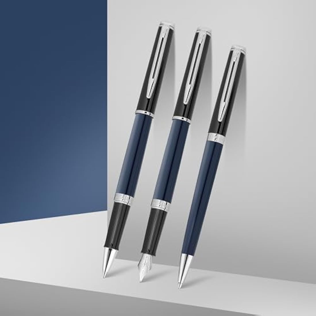 Waterman Hémisphère Fountain Pen | Black & Blue Lacquer with Palladium Coated Trim | Stainless steel Medium Nib | Blue Ink | Gift Box