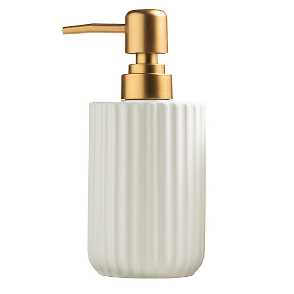 Chic Cylinder-Shaped Soap Dispenser, Vertical Stripe Design with Gold Pump, Ceramic Lotion Dispenser(White)