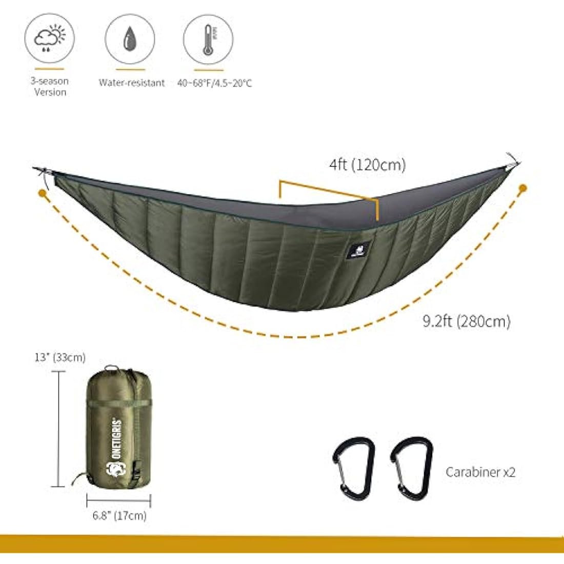 OneTigris Night Protector Ultralight Hammock Underquilt, Full Length Camping Quilt for Hammocks Warm 3-4 Seasons, Weighs only 800g, Great for Camping Hiking Backpacking Traveling Beach