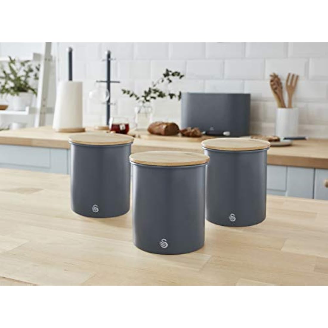 Swan SWKA17513GRYN Nordic Scandi Set of 3 Storage, Tea, Coffee and Sugar Canisters, Slate Grey, Steel, Bamboo Lid, One Size