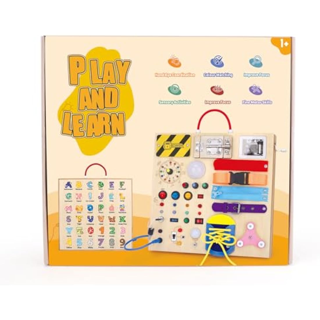 Konijiwa 23 in 1 Toddler Toys Montessori Busy Board for 1 2 3 Year old Boys Girls Wooden Toys with With 15 Switches, 26 LED Lights Switch, Music boxes, zippers Sensory Learning Toys