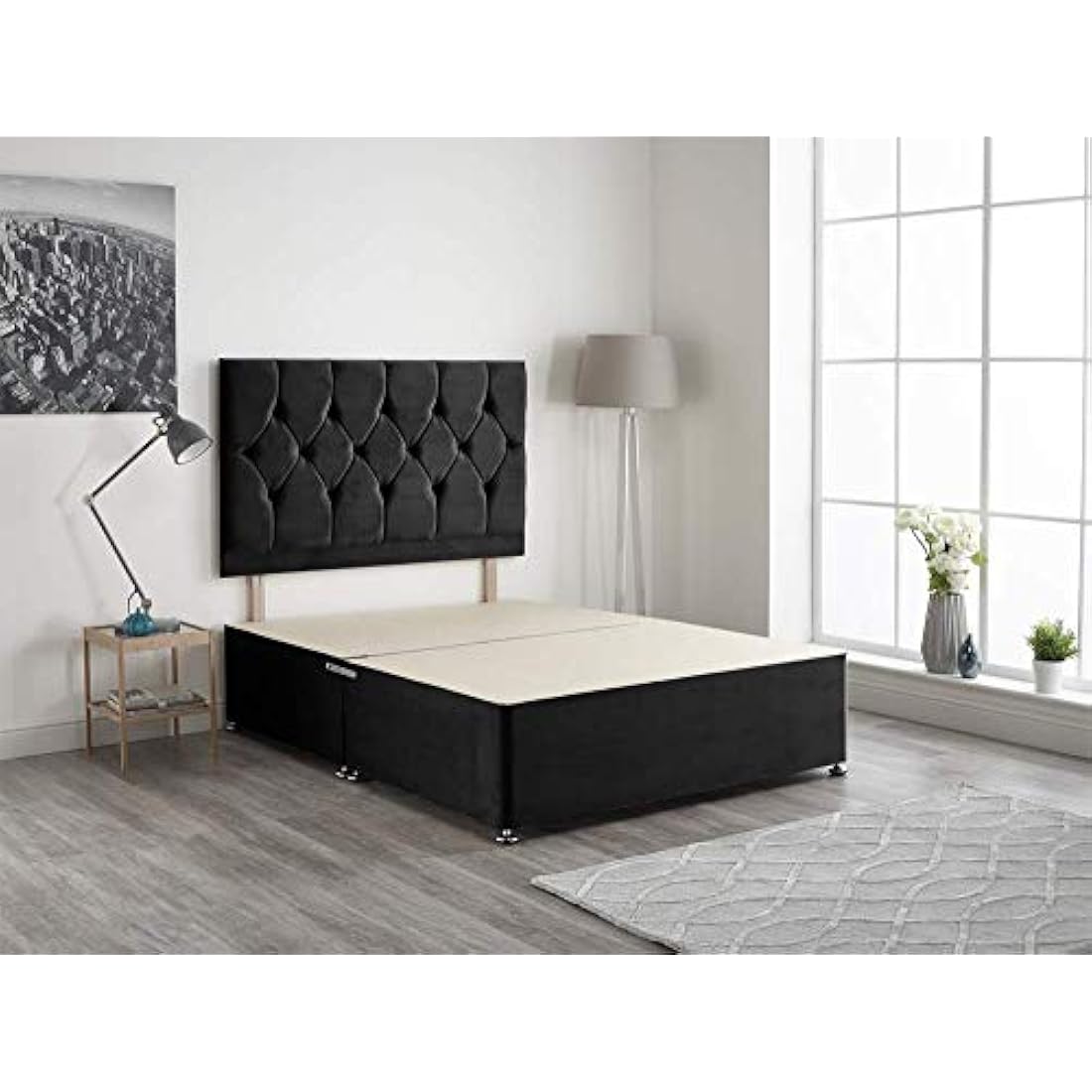 Bed Centre Black Plush Fabric Divan Base Plus Matching Headboard 3ft 4ft 4ft6 5ft 6ft (5FT (KINGSIZE))