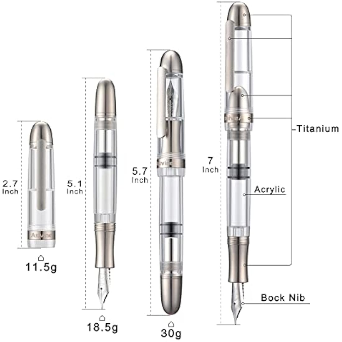Asvine P36 Titanium Fountain Pen Clear Transparent Acrylic Piston Filling Pen, Bock Broad Nib Smooth Writing Pen Case Set