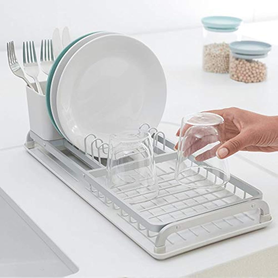 Brabantia Dish Drying Draining Rack (Compact / Light Grey) Easy-Clean Drip Tray and Removable Cutlery Basket, Corrosion-Resistant Aluminium Rack, Compact (20 x 46 cm)