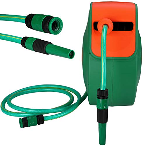 BAKAJI Garden Hose Reel Water Hose with Automatic Lock Wall Mount PVC Hose Wall Bracket Swivel 180? (20 Meters)